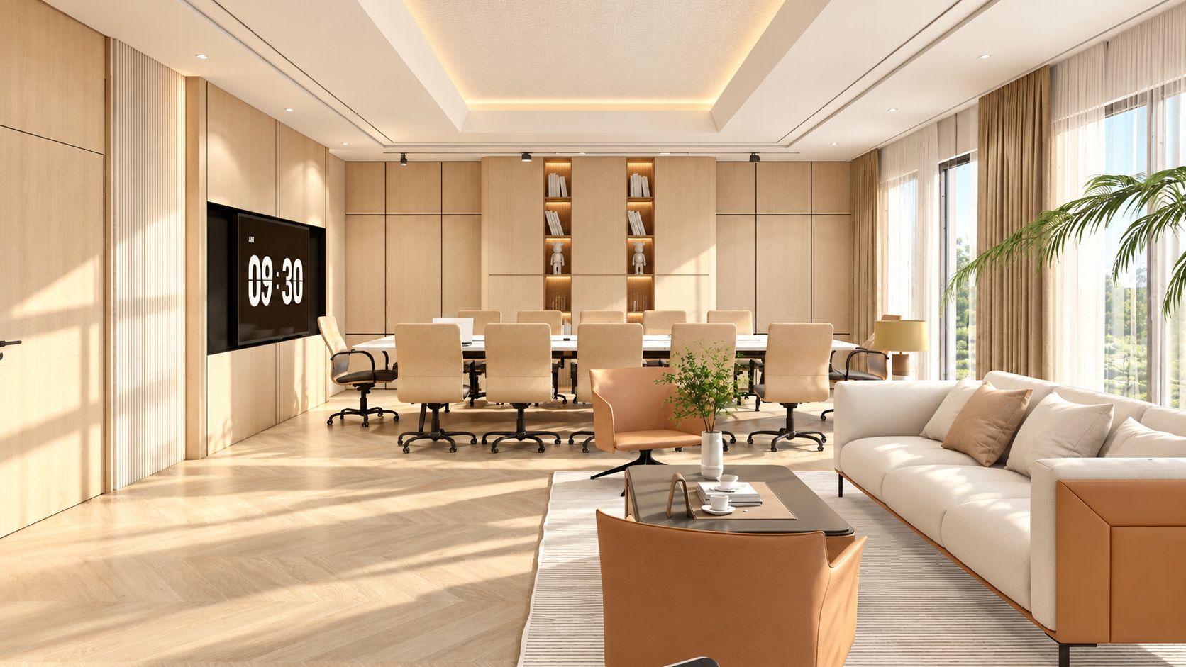 Bureau de direction en 3D : table de réunion et bibliothèques éclairées
