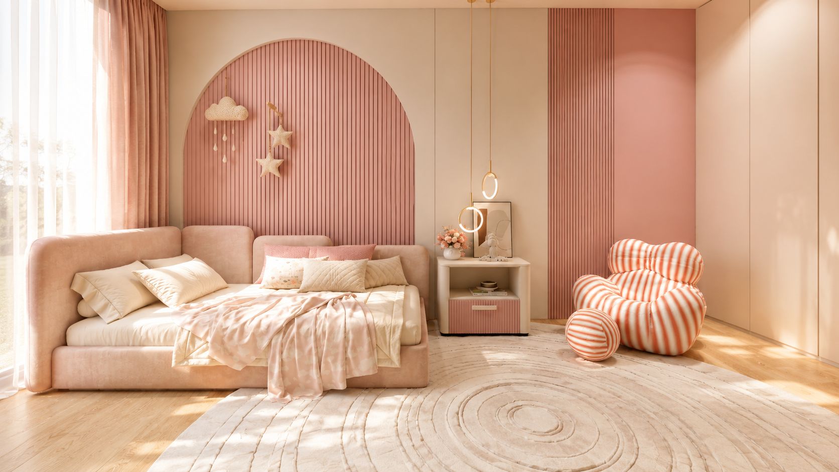 Chambre de fille en 3D : tête de lit en arche rose poudré