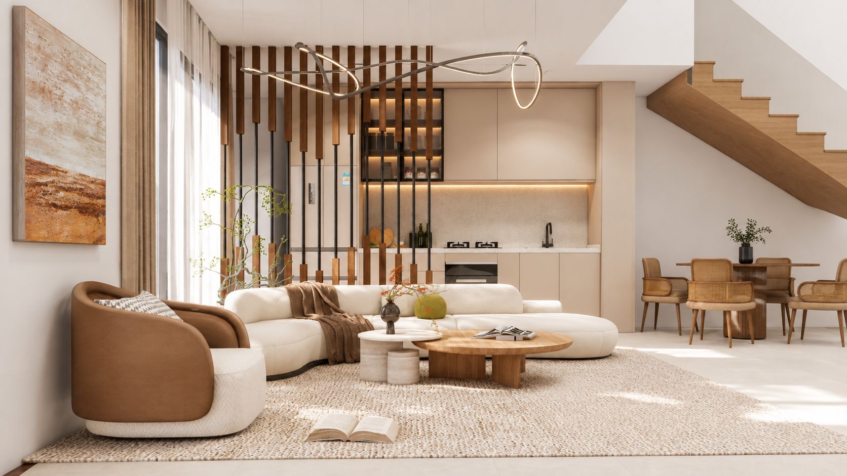 Duplex japandi en 3D : séjour double hauteur, canapé courbe, escalier en bois