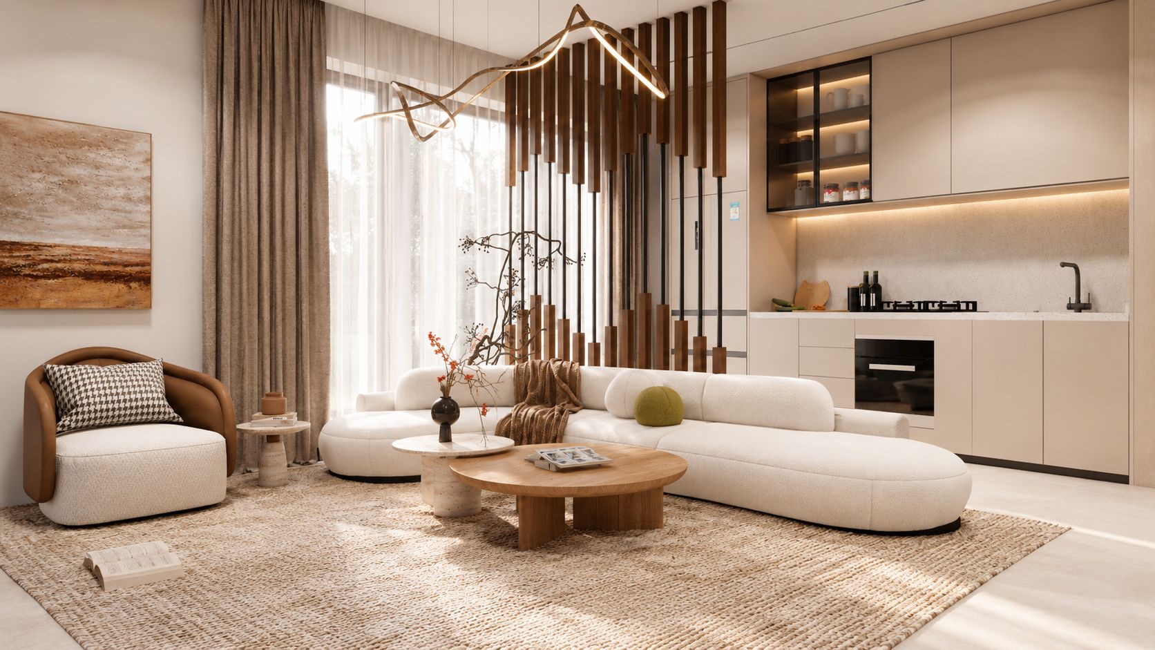 Duplex japandi : vue sur la cuisine ouverte