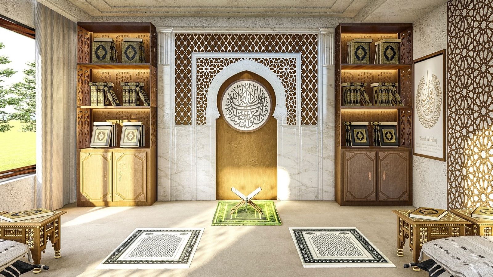 Salle de prière en 3D : mihrab sculpté et arabesques