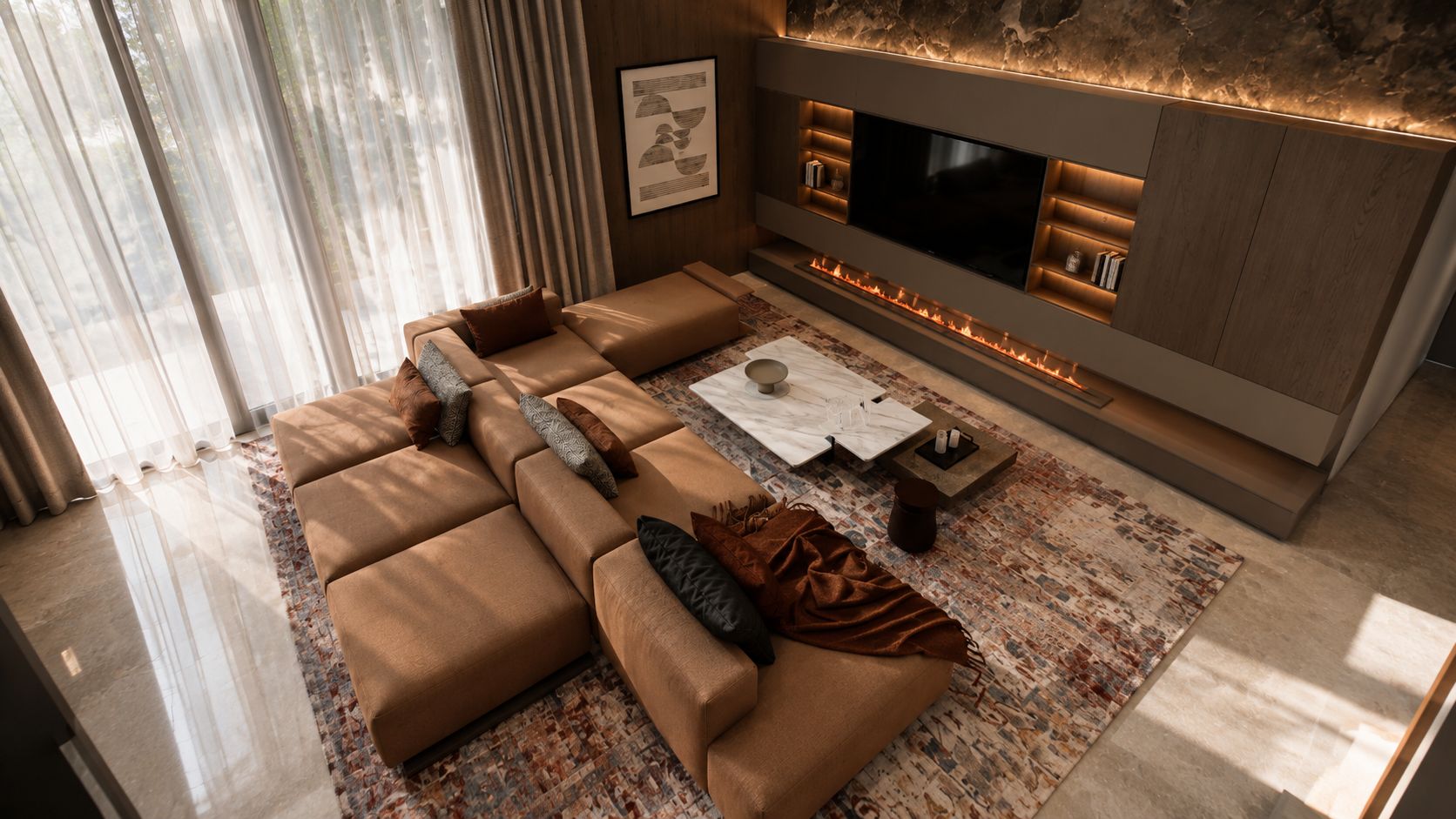 Salon cognac en 3D : vue plongeante dans une lumière chaude