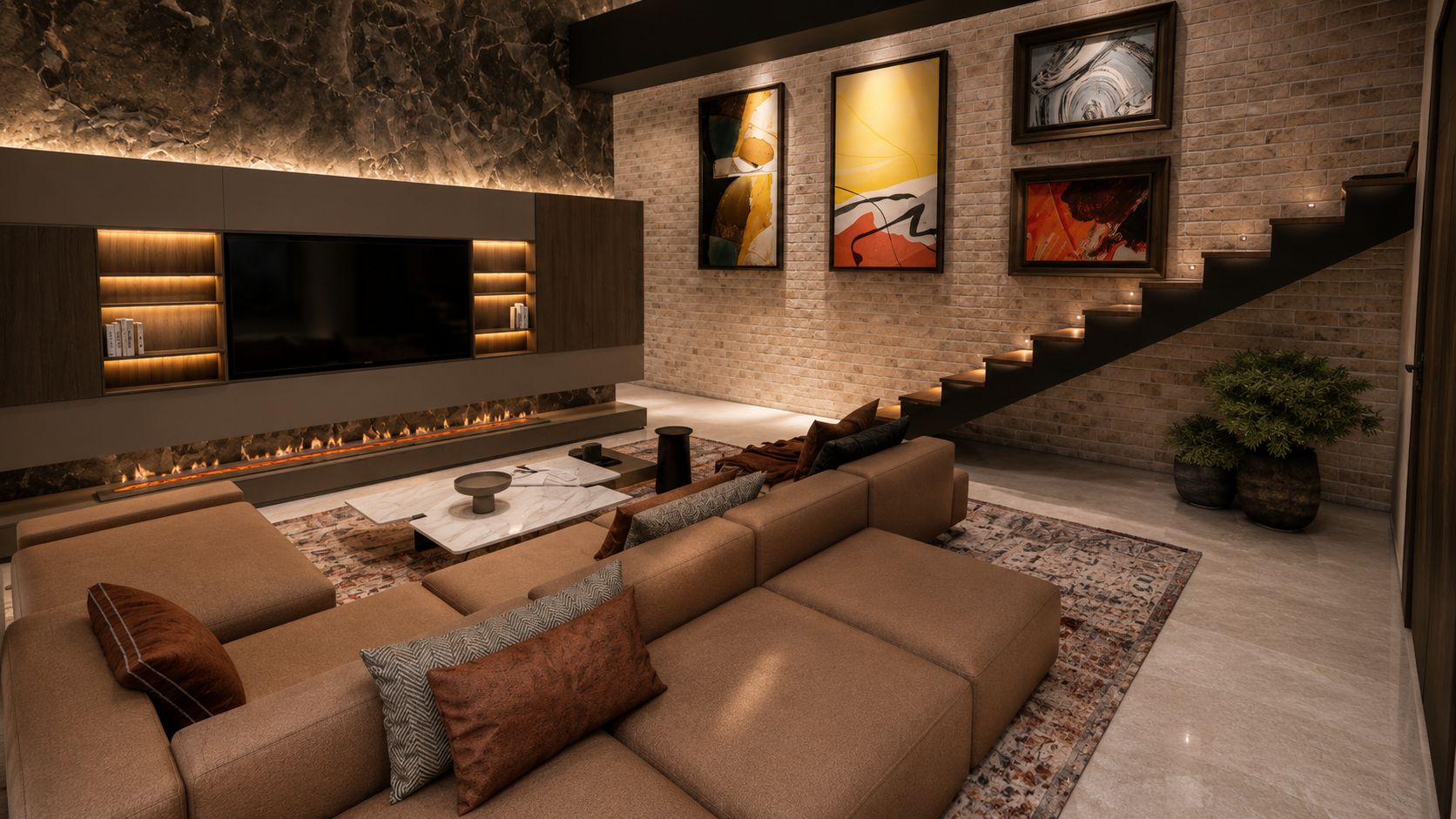 Salon cognac : mur TV et cheminée
