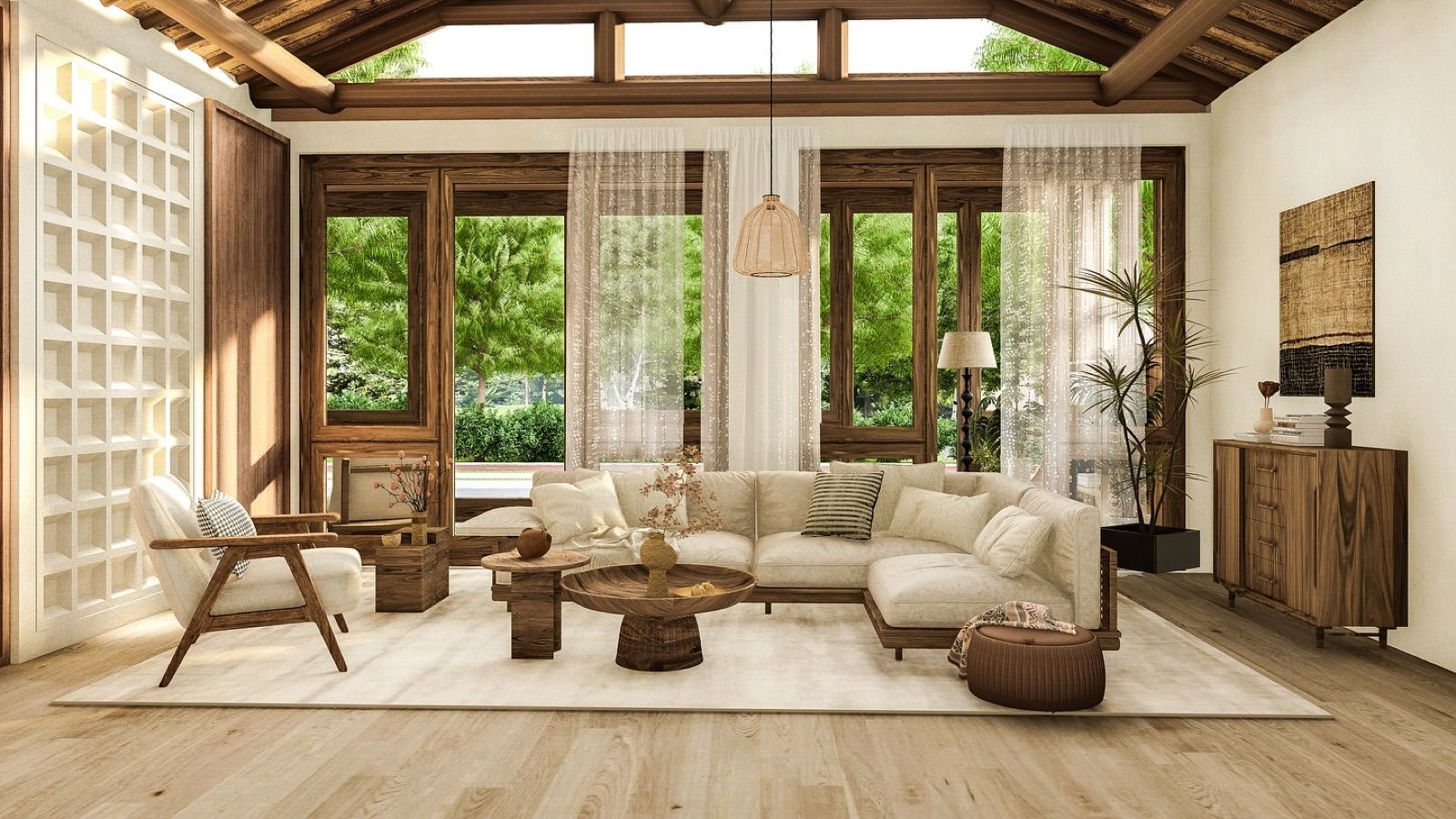 Salon wabi-sabi en 3D : poutres apparentes, lin et rotin