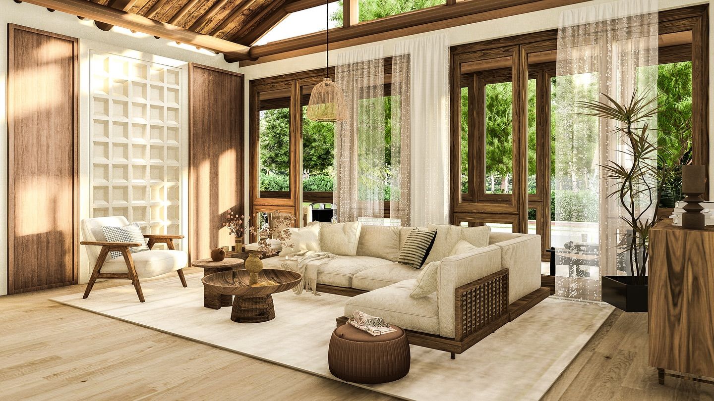Salon wabi-sabi : vue sur le jardin