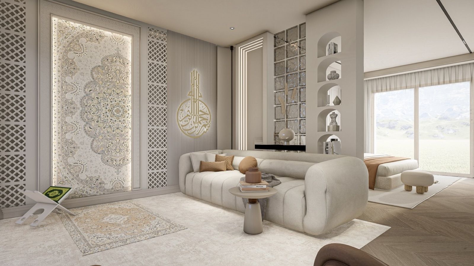 Suite marocaine moderne en 3D : arabesques, panneaux sculptés, tons ivoire