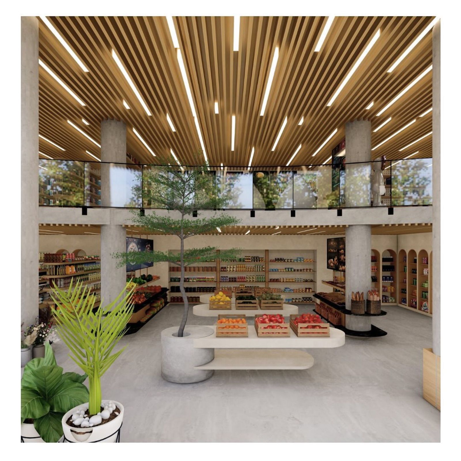 Supermarché Hay Riad en 3D : plafond à lames de bois et îlots blancs