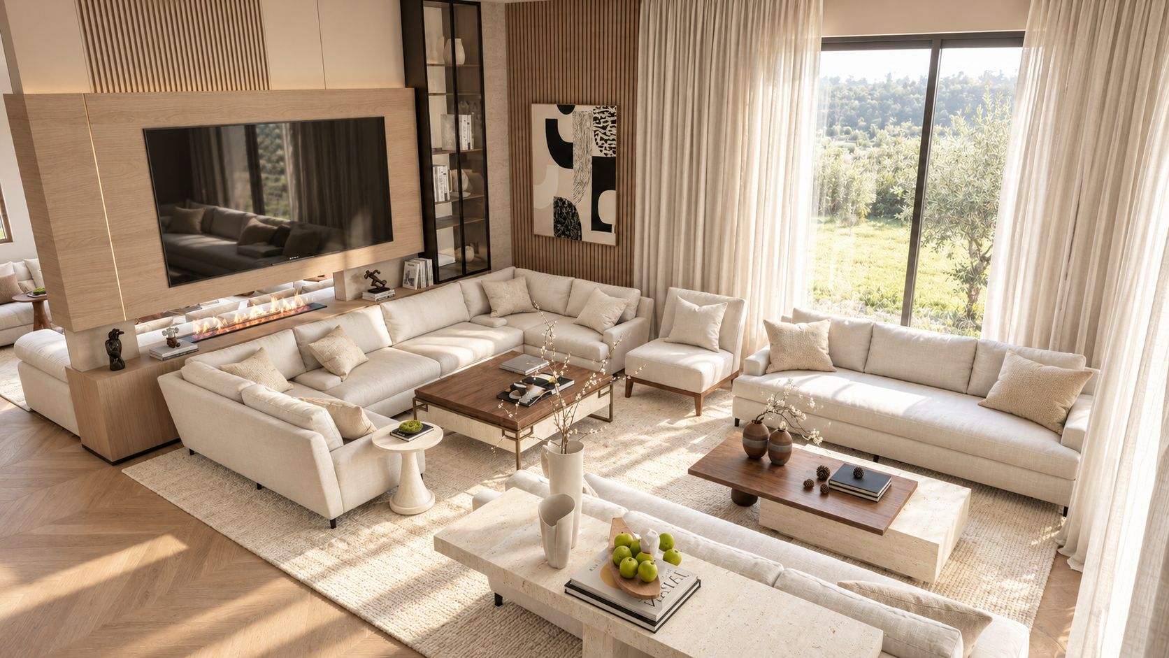 Villa contemporaine : salon et mur en marbre